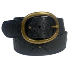 EDDIE BAUER Belt Embossed Leather Sz. Small Black USA Made 1.5" Width #B1314