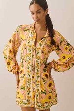 New Farm Rio  Anthropologie Long-Sleeve Button-Front Mini Dress Sunflower XS NWT