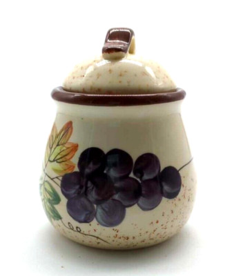 Alco Industries Purple And White Grape Pattern Sugar Bowl Brown Trim Vintage