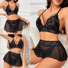 Womens Crotchless Lingerie Set 3 PCS Lace Bralette Mini Skirt G-String Babydoll