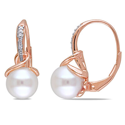 Amour Rose Plated Silver Cultured Pearl and Diamond Accent Earrings