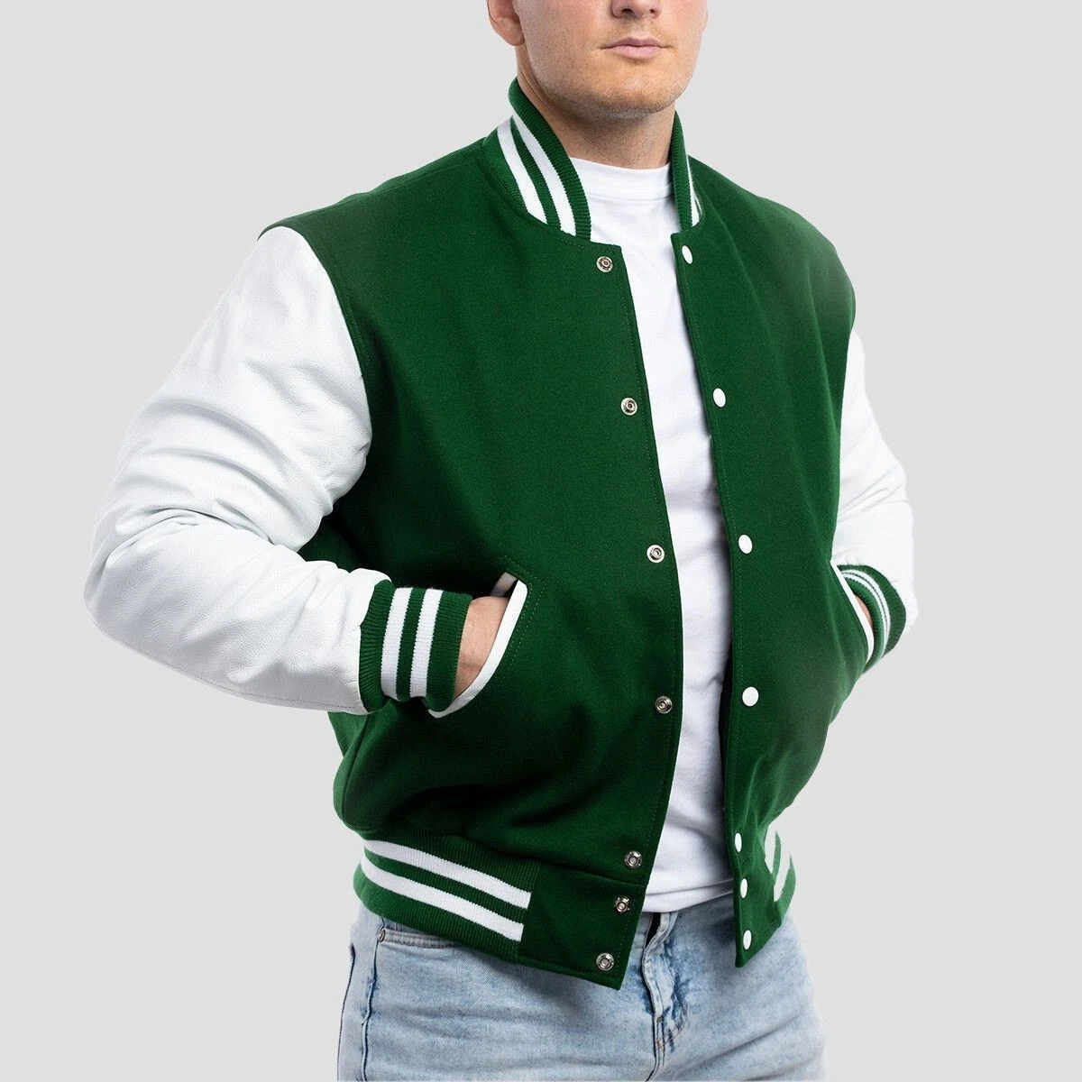 Men's Varsity Jacket - Classic Letterman Style, Wool & Leather, Kelly Green