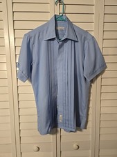 Vintage Christian Dior Pleated Dress Shirt Button 100 Silk 32 33 Blue Chemises