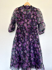 Shein Sheer Purple and Black Floral Party Dress with High Neck, Lined 