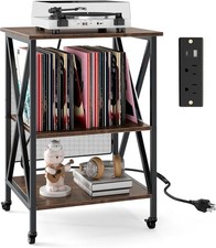 3-Tier End Table Vinyl Record Storage Table with Charging Station and 4 Wheels