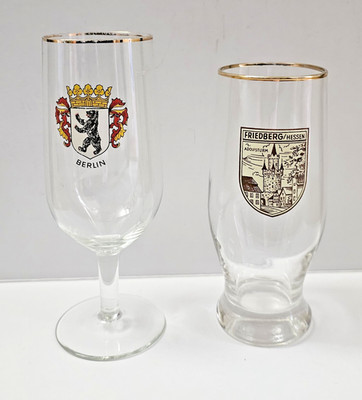Vintage German Friedberg Hessen Adolfsturm + Berlin Gold Rim Beer Glass Germany