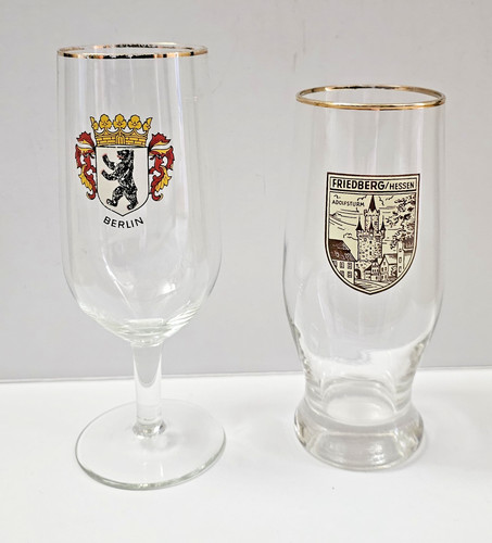 Vintage German Friedberg Hessen Adolfsturm + Berlin Gold Rim Beer Glass Germany