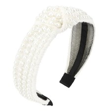 White Pearl Knotted Headband, Beaded, Wide, Non Slip, Jeweled, Embellished, Gift