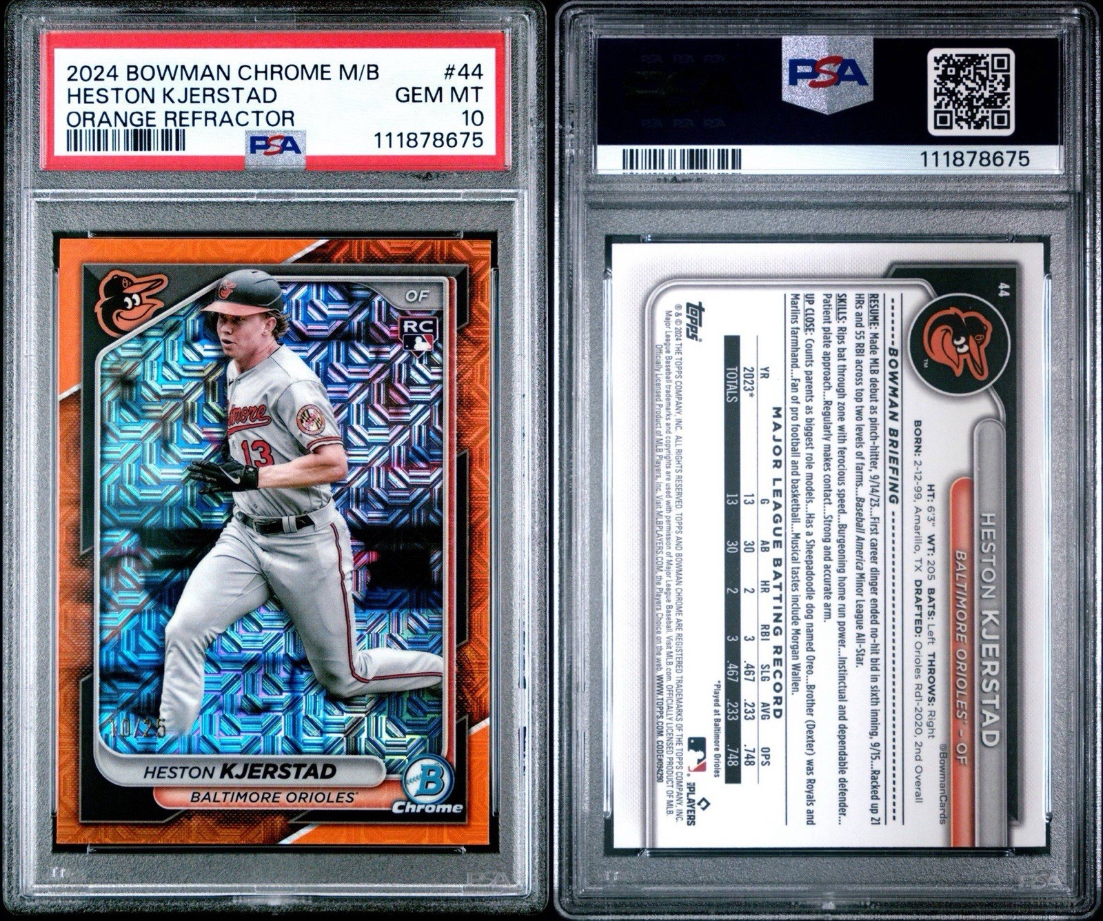 2024 Bowman Chrome Mega Heston Kjerstad Orange Refractor /25 PSA 10 RC #44