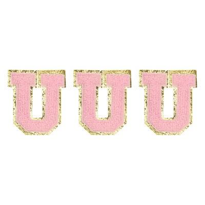 3stk Chenille Buchstaben U Patches Große Größe 80mm Golden Rosa