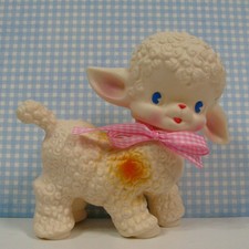 Rubber Lamb Squeak Toy 5" Sun Rubber Repro Vtg Style Squeaker Blue Eyes Pink Bow