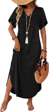 Summer Dresses for Women Short Sleeve Maxi Dresses V Neck Sundress with Side Sli