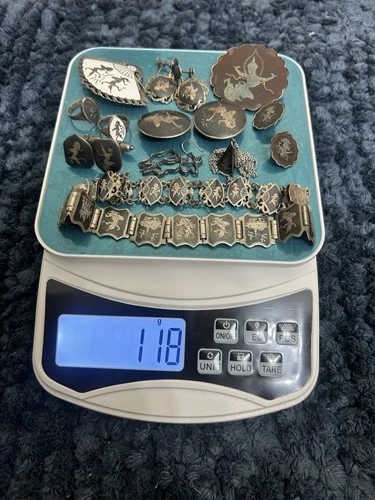 Vintage Japan Siam Sterling Silver Niello Set 16pc 118g Bracelets Rings Pins