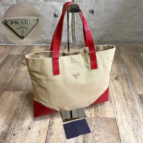 Sac fourre tout bandoulière PRADA cuir toile authentique beige rouge femme Italie 116254