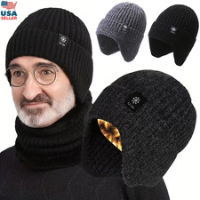 Men Winter Fleece Line Beanie with Earflap Outdoor Warm Thermal Knitted Hat Cap