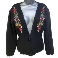 Herman Geist Embroidered Black Lambswool Cardigan Sweater Floral Accents-Medium