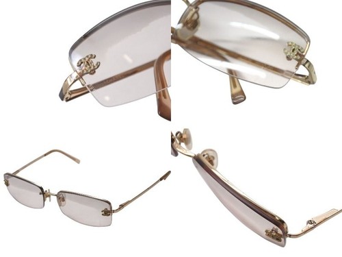 CHANEL 4093-B Rimless Sunglasses Gold Brown Rhinestone Coco Logo Women - Picture 5 of 8