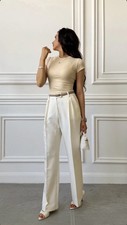 Tailored High-Rise Wide-Leg Trousers in Ivory, Size XS