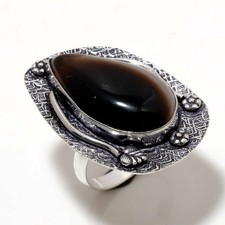 Black Agate Gemstone Handmade Fashion Ethnic Antique Gift Jewelry Ring 9" SR 263