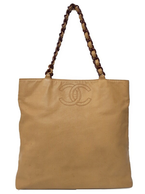 Chanel Coco Mark Wood-Style Beige Chain Tote Bag Pre-Owned