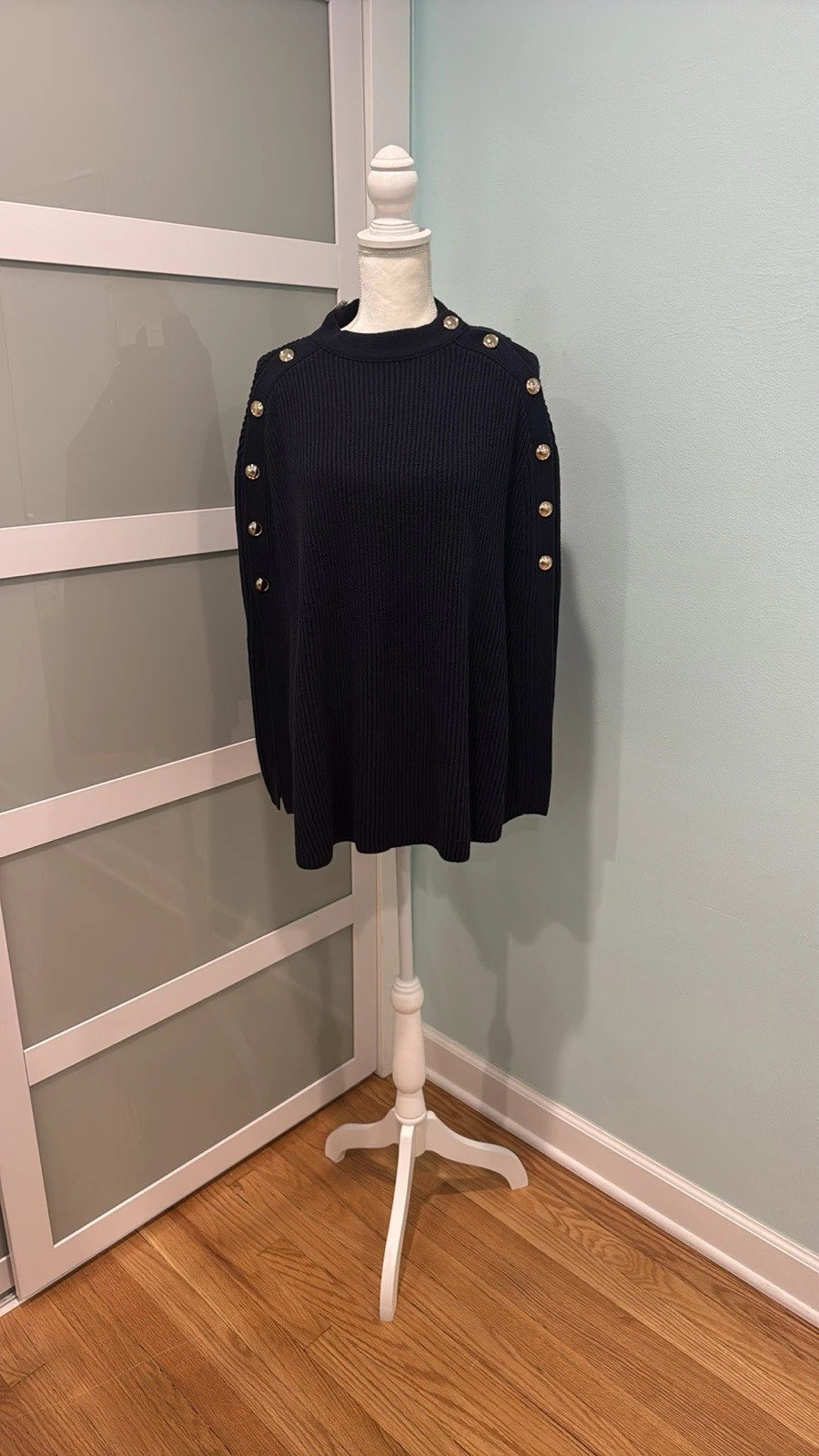 Talbots, Navy Blue/Gold Button, Ribbed, Mock Neck, Poncho Sweater NWT- L