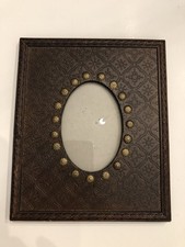 Vtg Style Faux Tooled Leather Photo Frame 8”x9.5” Dark Brown Oval 3,5”x5”
