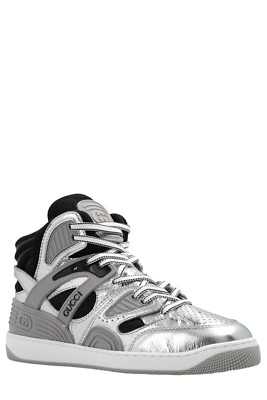 Authentic Men's Gucci Silver Leather Basket High Top Sneakers 724005 New $990