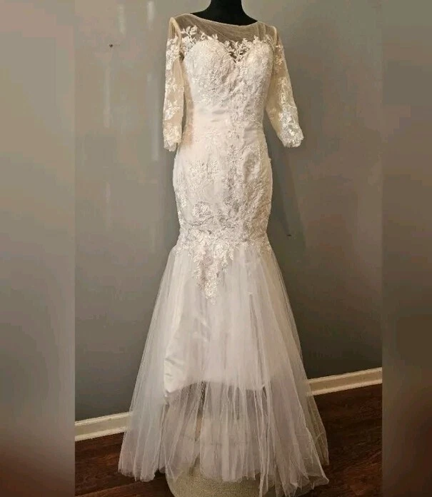 NUEVO Vestido de novia manga 3/4 sirena trompeta ilusión cuello gasa encaje vestido 6 8 Foto 4 de 4