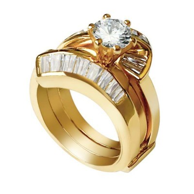 Ehering Set CZ Guard Sterling Silber 18kt Gold Verlobung Solitär 1373