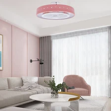 Dimmable Round LED Ceiling Fan Light Kids Room Star Fan Lamp 3-Speed Pink&Remote
