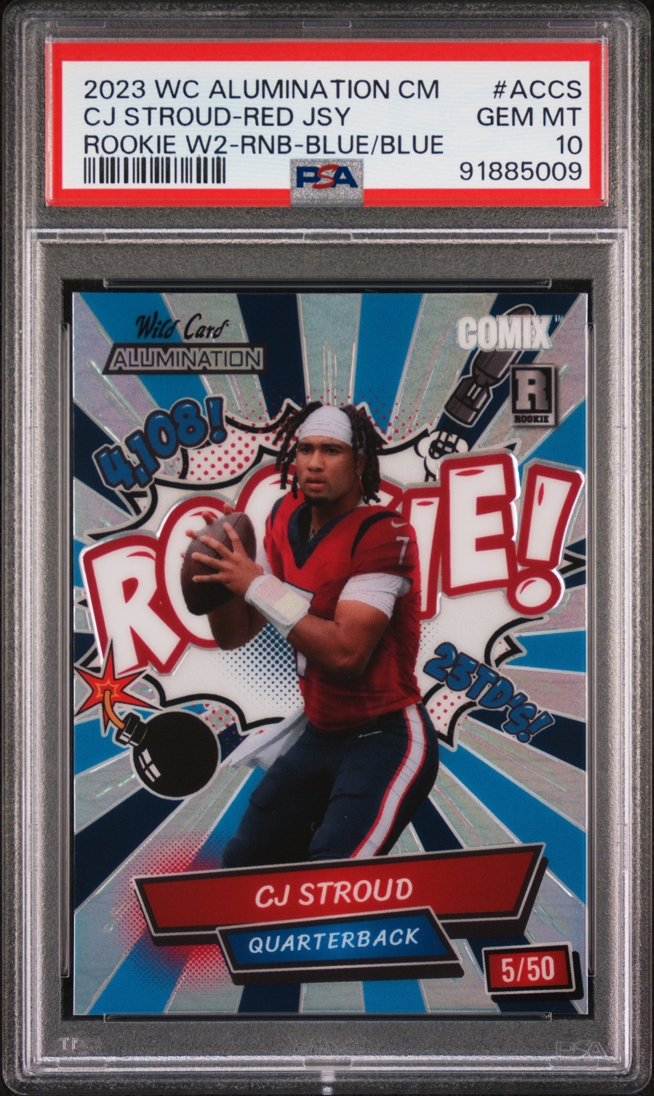 CJ Stroud Wild Card Alumination Rookie Edition Comix #ACCS Red Jersey-Donut Circles-Blue/Blue