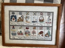 Vintage Oak Framed Cross Stitch Months Of Year 10.3x13.3  Cottage core Nice BB-C
