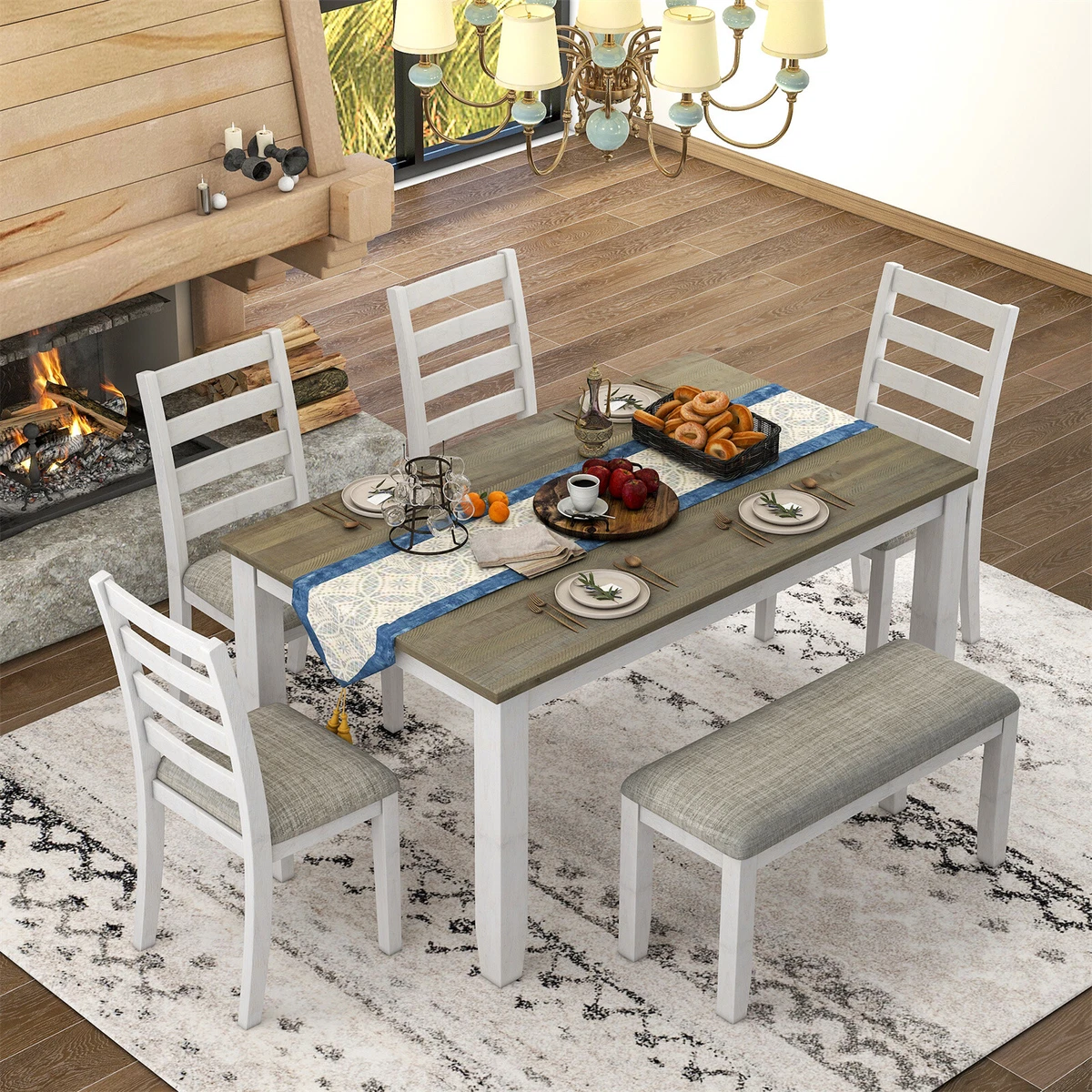 Wood Dining Set with Bench 4 Chairs Kitchen Dining Room Table
