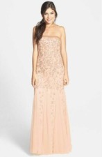 Adrianna Papell Strapless Beaded Mesh Gown Sz 14 Nude Pink