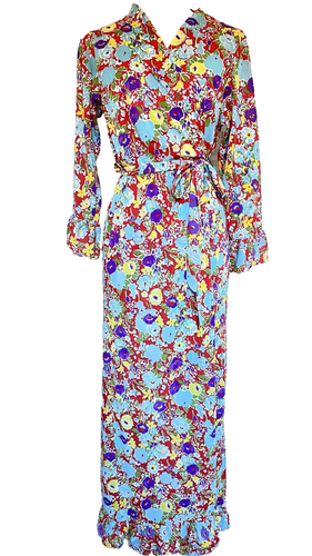 Vintage Nylon Smooth Robe Bright Floral Dressing Gown 60s 70s Semi Sheer 8 10 12 - Picture 2 of 14