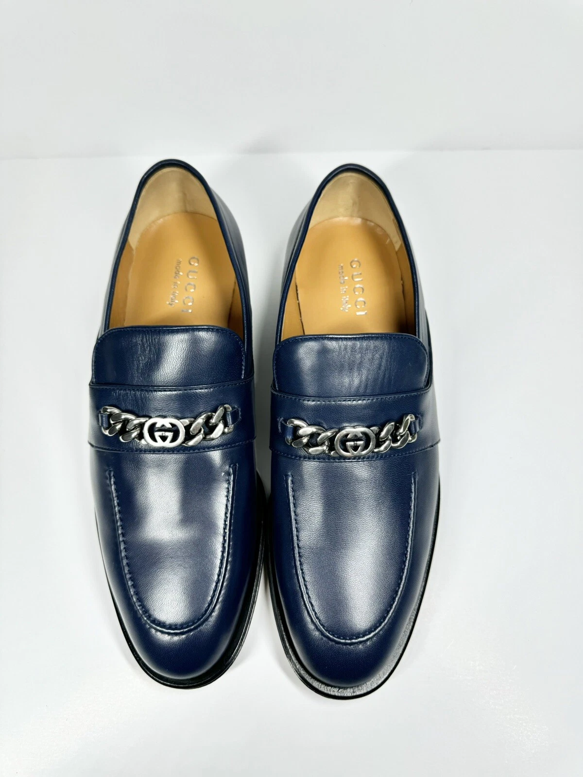 MOCASSINS GUCCI CUIR MARINE AVEC EMBOÎTEMENT G CHAUSSURES À ENFILER HOMMES 9 US 9,5