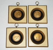 4 Vintage Chalkware Relief Art Wall Plaques Depicting Classical Medals