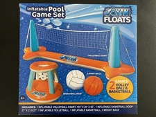Inflatable Pool Float Set Volleyball Net & Basketball Hoop For Kids Adults