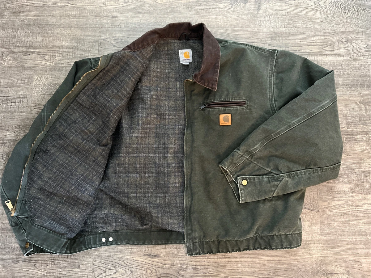 90s Carhartt Detroit Jacket J97 Moss Green Blanket Plaid Lined VTG