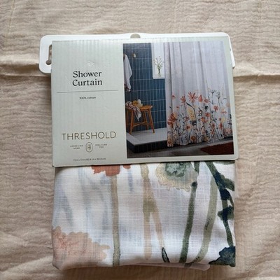 NEW Threshold White Watercolor Floral Fabric Shower Curtain 100% Cotton 72 x 72