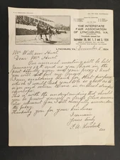 1924 antique INTERSTATE FAIR ASSOC lynchburg va LETTERHEAD sulky horse race