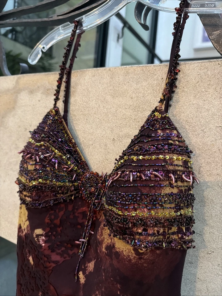 复古 90 年代 Y2K Sue Wong 夜曲勃艮第丝绸串珠长裙 W 开衩 10 — 第 4/4 张图片