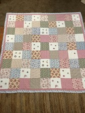 85x84 Girls Quilt With Embroidered Flowers, Pink Green Blue, And White Used