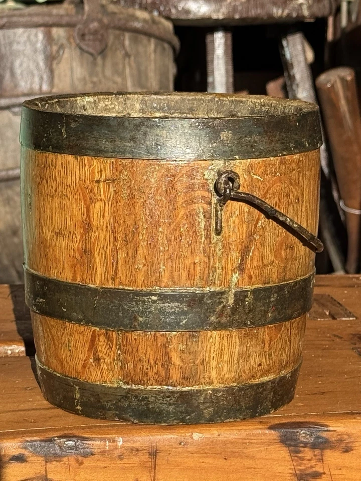 Primitive Small 6" Antique Wooden Paint Pail Barrel Bucket Metal Bands Rare - Image 2 of 4