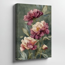 Large Pink White Peony Flowers Canvas Wall Art Vintage Botanical Floral Home