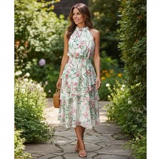Eliza J Dress  Women’s 8  Floral Sleeveless Multi Tiered  Ivory, Pink, Green