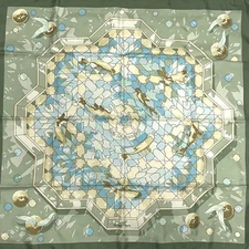 Hermès Scarf SOUS LES ORANGERS Silk 90cm Orange Under Green Blue Used