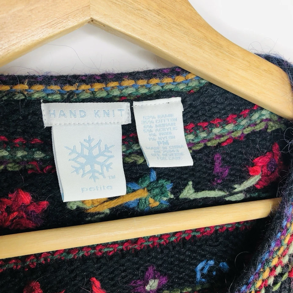 Hand Knit Christmas Black Cardigan Sweater Jacket Sz PM Embroidered Fall Floral - Image 2 of 4