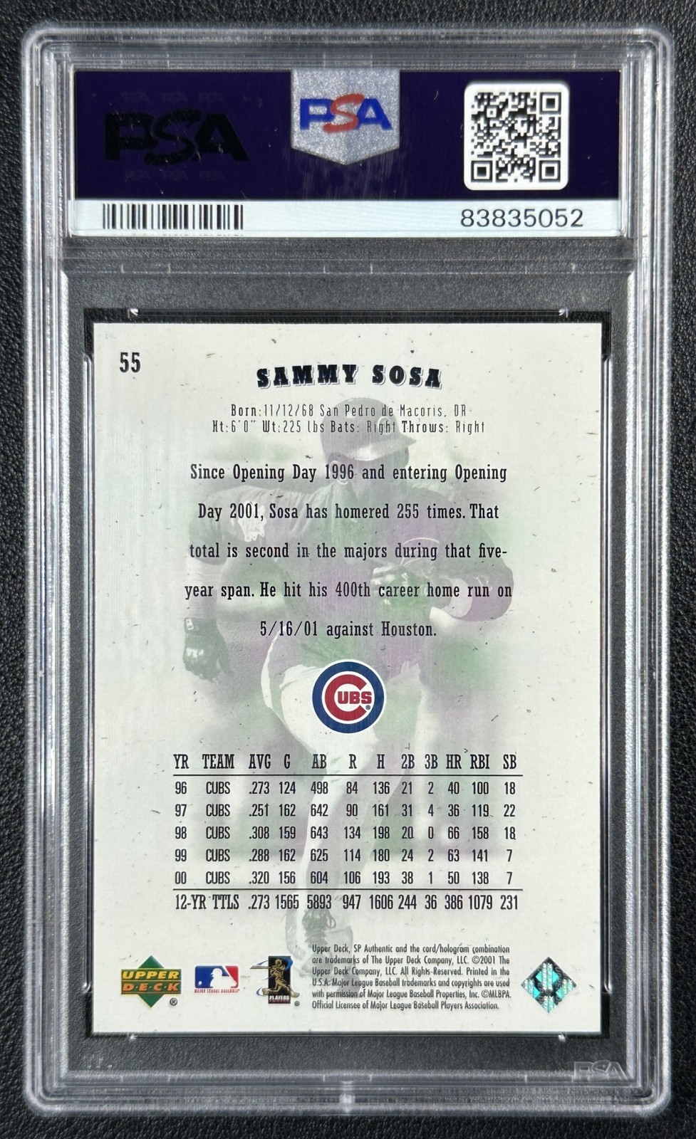 SAMMY SOSA PSA 9 2001 SP AUTHENTIC #55 CUBS 5052 view 2