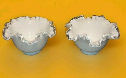 Fenton 2 Silver Crest Milk Glass 6.5" Bowls 1990's Ruffled Crimped Hallmarked